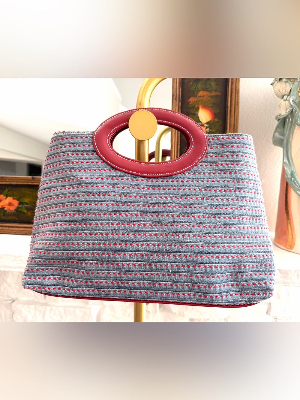 Liz Claiborne Woven Blue Red Burgundy Top Handle Shoulder Bag Large Retro Purse